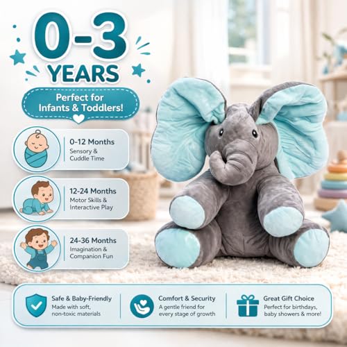 Image of Monex Musical Elephant Plush Toy for Babies & Kids | Peek a Boo Elephant Toy with Flappy Ears | Soft Stuffed Animal Interactive Toy for Toddlers, Infants & Gift Purpose (Blue)