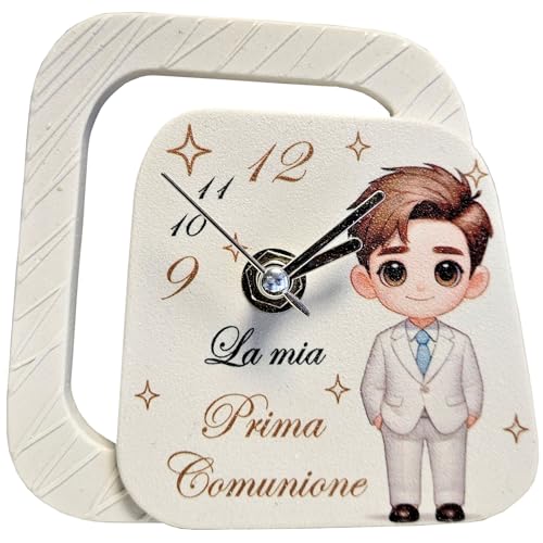 Generico Bomboniera Orologio in pietra Prima Comunione Maschio 11,5x11cm Completo di scatola, nastro, confetti e bigliettino personalizzabile
