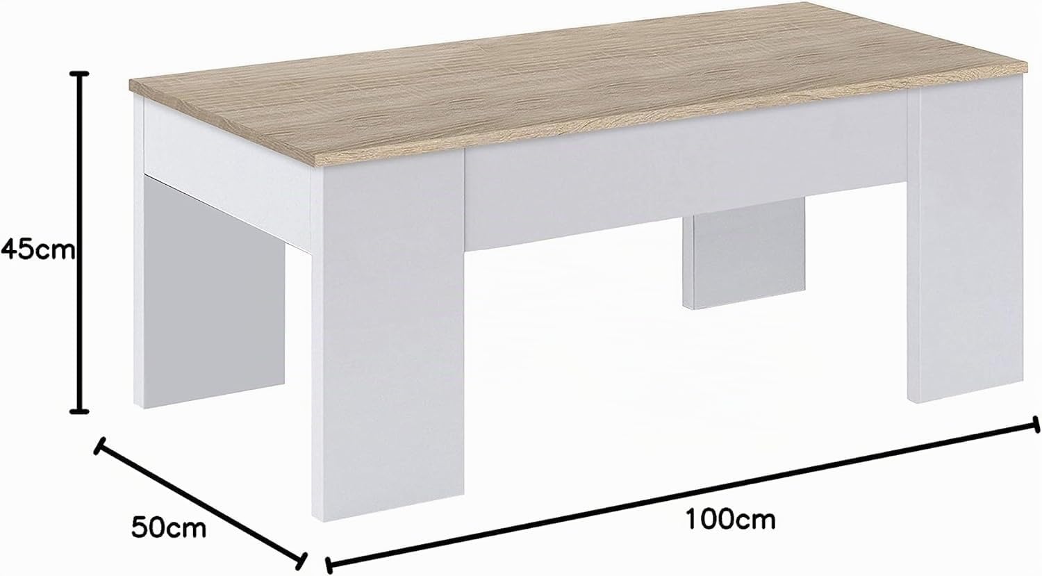 Habitdesign - Mesa de Centro Elevable Kendra (Modelo LC), Mesita Auxiliar de Salón o Comedor con Almacenaje Interior, Blanco Artik y Roble Canadian, Medidas: 100x50x45-56 cm