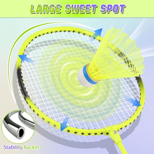 Frebuta Badminton Rackets Set for Beginners,Combo Badminton Racquet Sets of 2 for Backyards Lightweight Badminton 4 Plastic Birdies Sports Game for Adult Family 2 Player Outdoor (Yellow, 24in) - Thumbnail 3
