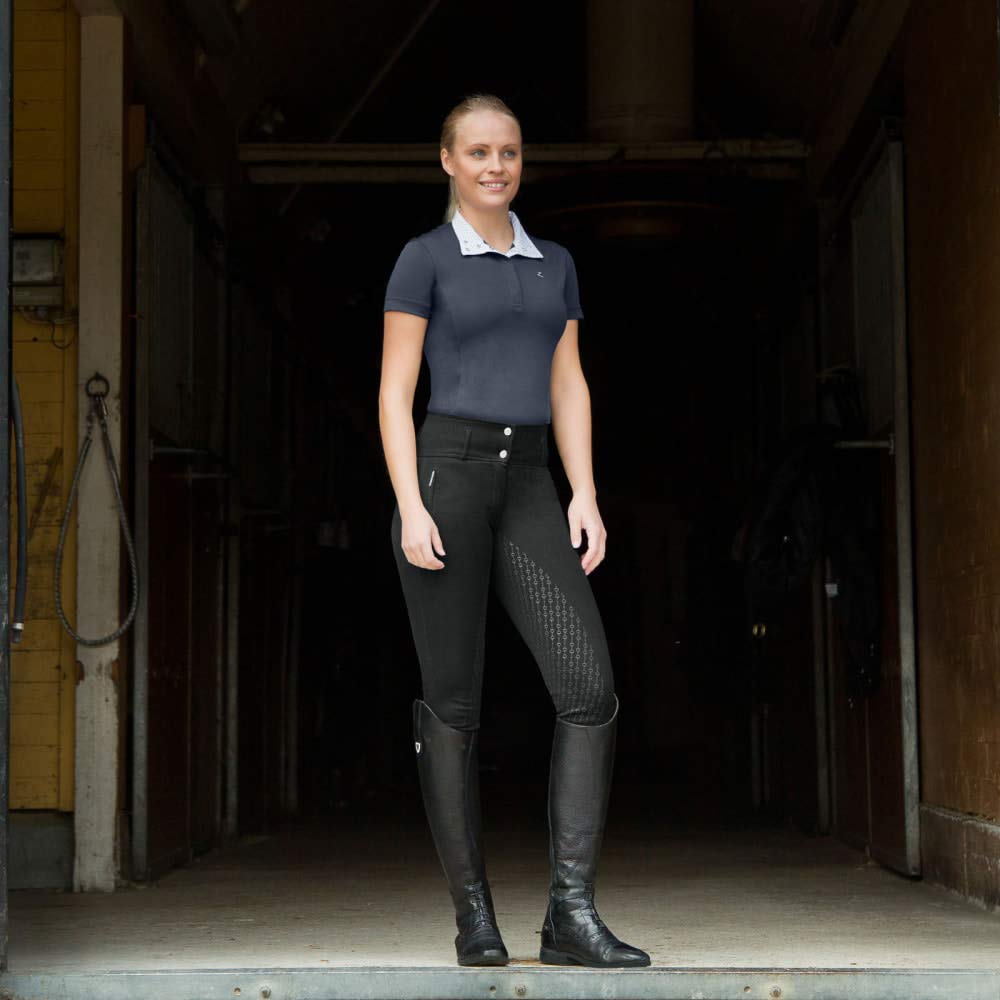 HORZE Blaire Reitshirt Damen Kurzarm Funktionshirt Tuniershirt Atmungsaktiv Nanotex Gewebe LSF 30+ Wandelbaren Kragen, Großen: 32-46, Blau/Weiß
