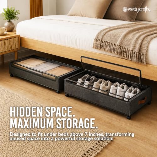 Image of PrettyKrafts Underbed storage box with wheels and lid Metal Frame Non-Woven Fabric use for home bedroom Rolling Organizer for Clothes Shoes Toys Blankets Space Saving Solution (Pack of 1), Grey