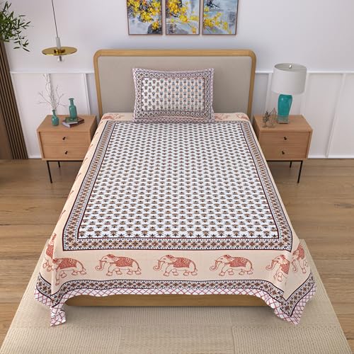 Image of 100% Cotton Single Bedsheet with 1 Pillow Cover | 240 TC Pure Cotton Flat Bed Sheet | Traditional Jaipuri Printed Bedding Set | Soft & Breathable | 60 x 90 Inch (Rangmahal Single 74)