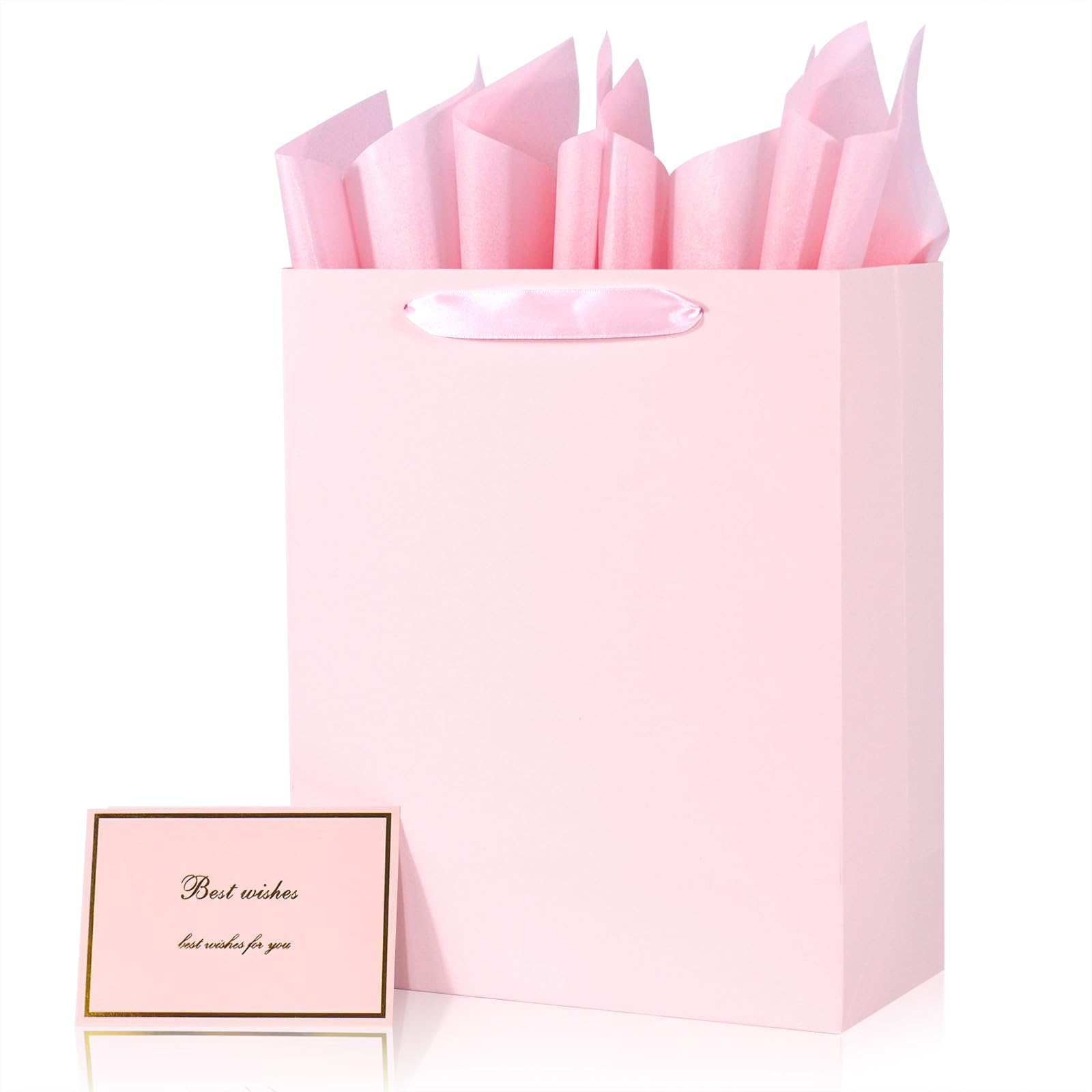 Elegant Pink Gift Bag 10.2"x4.7"x12.2" with Ribbon Handles, Includes Card and Tissue Papers, Perfect for Birthdays, Weddings, Parties, Holidays, Baby Shower