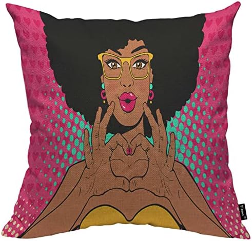 Yibeas Wow Pop Art Face Throw Pillow Covers 18 x 18 inch Sexy African Woman Lips Like Kiss and Shows Love Heart Linen Pillow Cushion Cases Square Pillowcases for Sofa Couch Bedroom Living Room Car