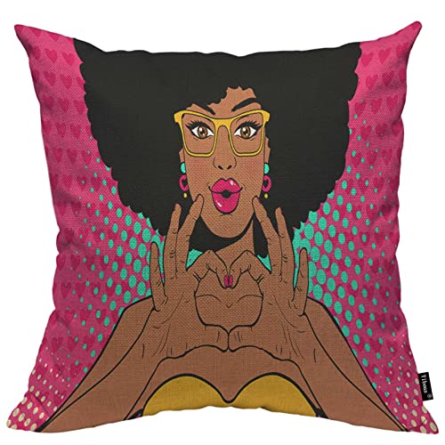 Yibeas Wow Pop Art Face Throw Pillow Covers 18 X 18 Inch Sexy African Woman Lips Like Kiss And Shows Love Heart Linen Pillow Cushion Cases Square Pillowcases For Sofa Couch Bedroom Living Room Car #TOP23