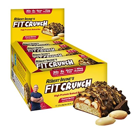 FITCRUNCH Full Size Protein Bars, Designed by Robert Irvine, 6-Layer Baked Bar, 6g of Sugar, Gluten Free & Soft Cake Core (Peanut Butter)