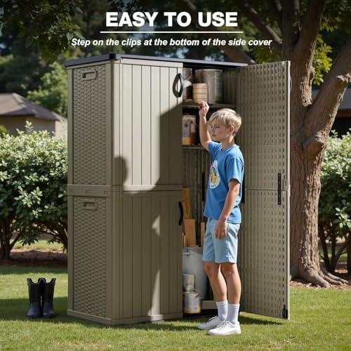 Image of Greesum Outdoor Storage Shed Without Divider, 50 cu.ft Outdoor Waterproof Storage Cabinet for Garden Tools, Garbage Cans, Pool Storage, Beige
