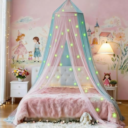 Image of Two-Tone Bed Canopy Mosquito Net, Bed Canopy for Girls Room Decor - Insect Protection Hanging Canopy for Indoor(Pink+Blue,Stars Glow in the Dark)