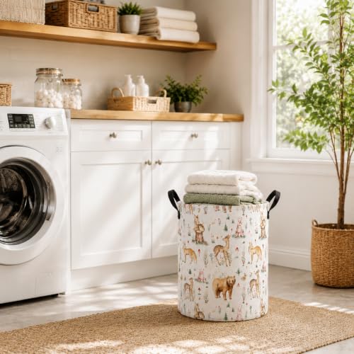 Image of MAIZMZ Woodland Animal Storage Bin, Waterproof Lining Laundry Basket with Leather Handles for Kids Room, Gifts