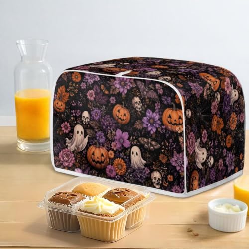 Image of Talayituse Ghost Skull Pumpkin Flower Print Toaster Cover 2 Slice Wide Slot, Lightweight Bread Maker Cover Dust Protection Washable Appliance Bag Halloween Decor, S
