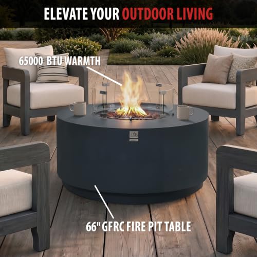 Image of AMS Round Concrete GFRC Propane Gas Fire Pit Table Bundle (Dark Gray)