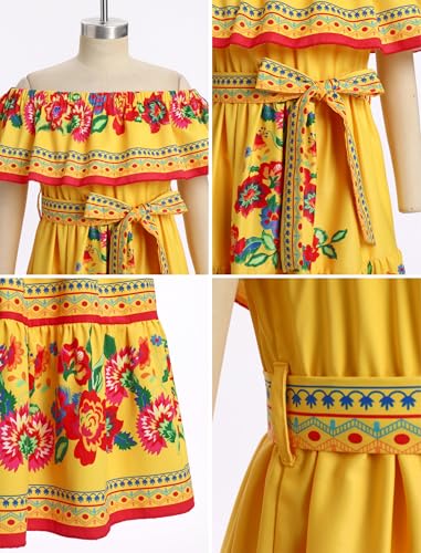 Girls Mexican Dress Off Shoulder Cinco de Mayo Dresses Traditional Folk Floral Print Long Maxi Dress with Belt Summer4