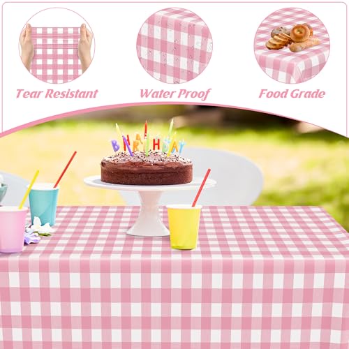 Image of 12Pack Table Cloth Rectangle Table, 54 inch x 108 inch Plastic Table Cloth Disposable, Waterproof Pink and White Checkered Table Cover for Outdoor Picnic Birthday Party Supplies Gathering BBQ Holiday Dinner