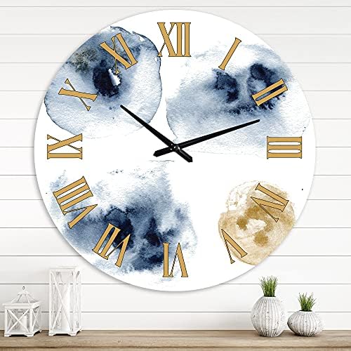 DesignQ Modern Wall Clock 'Abstract of Dark Blue and Gold Cloud' Abstract & Fractals Large Wall Clock for Living Room Decor