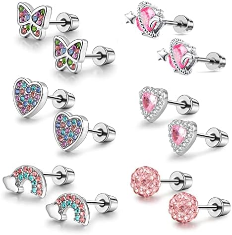 EVISPOL 5-6Pairs Cubic Zerconia Hypoallergenic Screwback Earrings for Women Girls, Surgical Steel Flat Back Earrings Cartilage Daith Stud Earrings Butterfly Turtle Heart Rainbow Flower Dangle Tragus Helix Conch Earrings Piercing Jewelry-6Pcs-Color-Pink