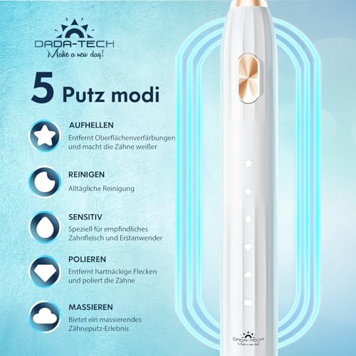 Electric Toothbrush, Elektrische Zahnbürste für Erwachsene und Kinder, Schallzahnbürste mit 90% Abgerundeten Borsten 5 Putzmodi Integrierter Timer und 9 Zahnbürstenköpfen (Weiß) – Bild 5