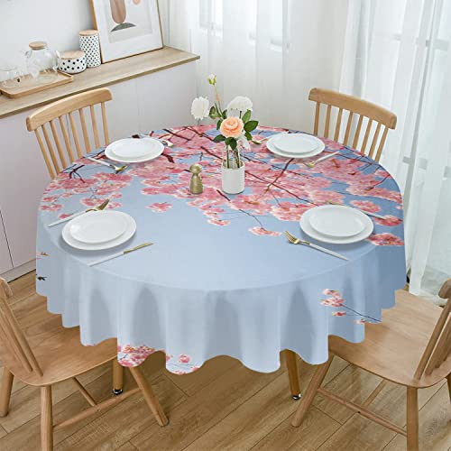 Warm Tour Cherry Blossom Pink Flowers Kitchen Table Cloth Waterproof Round Tablecloths,Blue Gradient Sky Spillproof Tablecover For Dining Room/Outdoor Parties/Bbq/Banquet #TOP16