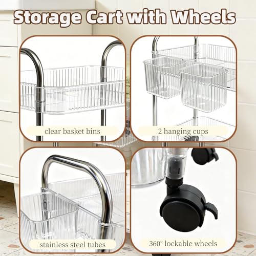 Image of 2 Tier Utility Rolling Cart with Wheels Sofa Side Table Small Under Desk Storage Organizer, Clear Acrylic Plastic Mobile Trolley Organization Storage Cart for Kitchen Pantry Bathroom Vanity