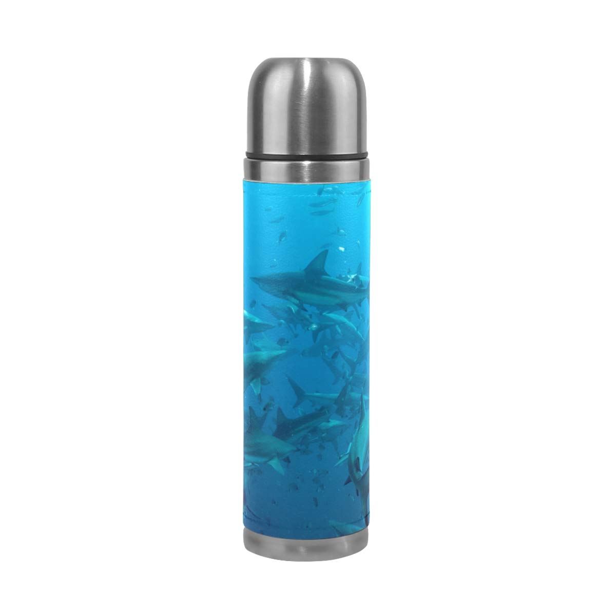 Taza de viaje aislada al vacío de acero inoxidable con doble pared a prueba de fugas, botella de agua con diseño de tiburón marítimo personalizado impreso en piel auténtica, 500 ml