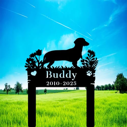 Dachshund Dog Name Memorial Garden Stake Personalized Outdoor Decor,Custom Pet Metal Sign Grave Marker,Customized Remembrance Gifts for Pets Lover,Engraved Dogs Plaque Tombstone for Cemetery Yard Lawn