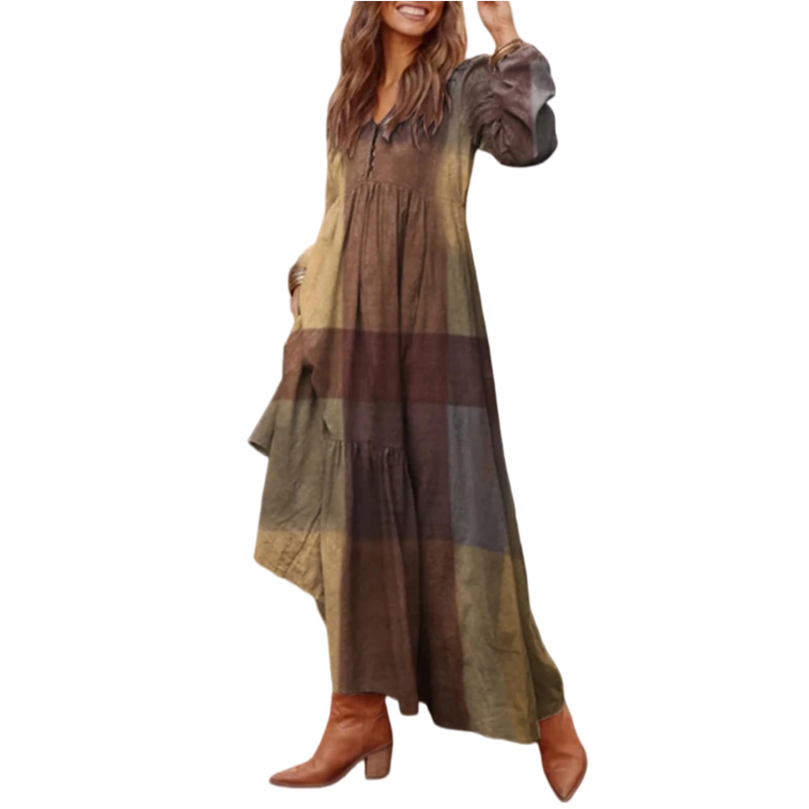 Vestidos Casuales de Mujer de Estilo Retro de Moda callejera con Escote en V y Manga Larga Estampados con Bloques de Color