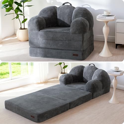 Image of MAXYOYO Folding Sofa Bed, Floral-Shaped Convertible Floor Sofa Couch with Backrest, 2 in 1 Comfy Lounger Bean Bag Chair with Handle, Floor Single Couch for Living Room Bedroom, Dark Grey
