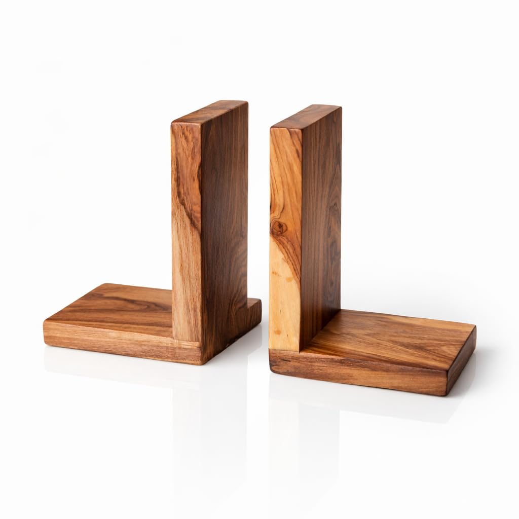 Teak Wooden Bookends For Home Decor | Classroom | Library | Study Decor | Office Table Accessories| Gift for Book Lovers | Book Stand And Organizer Space Saving | Set of 2 | Size 7*5*3.1 in (medium) 1