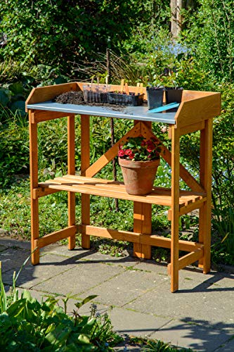 dobar® Klappbarer Pflanztisch | Gärtnertisch Massivholz | Faltbarer Umtopftisch mit Zinkplatte | Blumentisch für Garten/Terrasse/Balkon | 85 x 44 x 89 cm | Braun