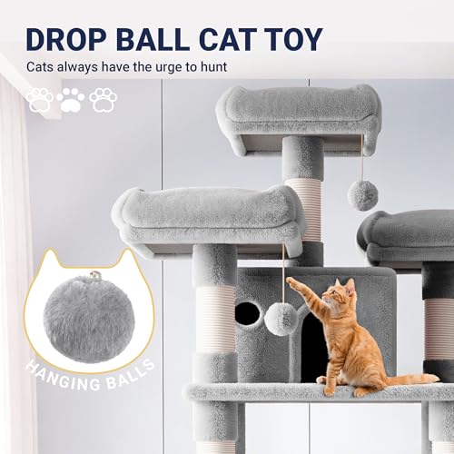 Image of Allewie 82 Inches Large Cat Tree /House /XXL Tall Cat Towers for Big Feline /Scratching Post /Multi-Level Large Kitty Climbing Tree with Condo /Light Grey