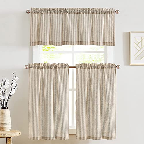 jinchan Striped Kitchen Curtains and Valance Set 24 Inch Tier Curtains Small Drapes Pinstripe for Cafe Living Room 3 Pieces Set Rod Pocket Taupe 26"W