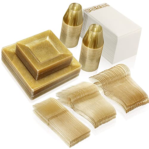 Gerrii 350 Pcs Plastic Square Plates Dinnerware Set Serve For 50 Gold Glitter Disposable Dinnerware Include Plates Forks Spoons Knives Cups Paper Napkin For Wedding Dinner Party Pack #TOP4