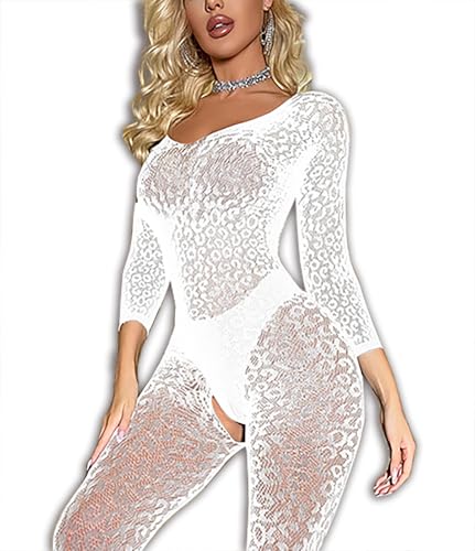 Aucute Damen Spitze Leopard Sexy Bodystocking Ein Stück Dessous Unterwäsche Vollkörper Fischnetz Bodys Elastische Mesh Strumpfhosen Jumpsuit, Weiß