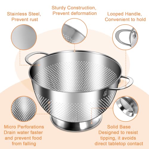 Image of Stainless Steel Colander for Kitchen | 5 Quart Durable Rice and Pasta Strainer with Handle | Oversized Handles | Nesting Design | Rust-Resistant & Dishwasher Safe