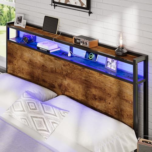 DICTAC Bett 90x200cm mit LED Beleuchtung, Metallbett mit Steckdose und USB-Ladefunktion, Bettgestell 90x200 Einzelbett mit Holzkopfteil Stauraum, Bettrahmen mit Lattenrost und Stauraum unter dem Bett