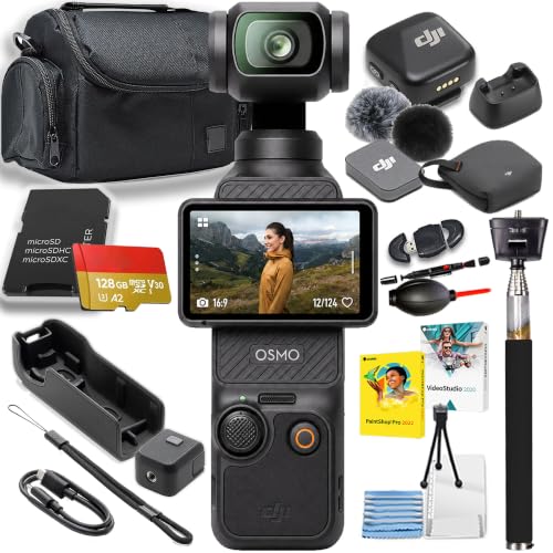 Image of DJI Osmo Pocket 3 with DJI Mic Mini Clip-On Transmitter + Accessories Including a 128GB Memory Card + Selfie Stick + Camera Case + More