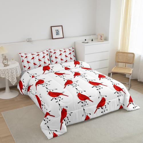 Image of Feelyou Kids Cute Bird Bedding Set for Girls Boys Red Birds Cardinals Comforter DecorBlack Tree Branches Comforter Set Farmhouse Country Duvet Set King Size 3Pcs Quilt Boys