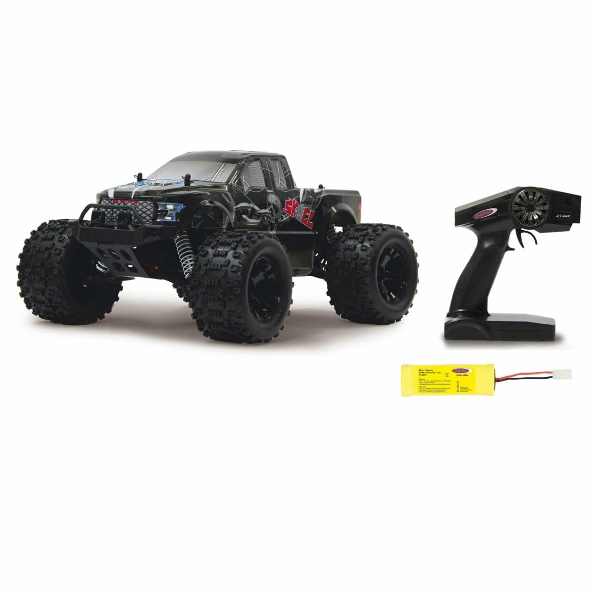 Jamara 059735 - Skull Monstertruck 4WD 1:10 NiMh 2,4GHz – Multigiocatore, Trazione integrale con differenziali in acciaio, Resistente agli schizzi d´acqua, Telaio rinforzato in alluminio