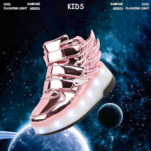 Kids LED Light Up Roller Skate Shoes with Wings Boys Girls USB Chargable Dancing Sneakers for Halloween Christmas Party Pink 302