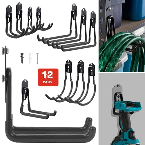 Image of Wallmaster Garage Hooks Organizer Kit,12 Pack Adjustable Heavy Duty Shelving Hook,Wall Mount Utility Steel Garage Organization (Black)