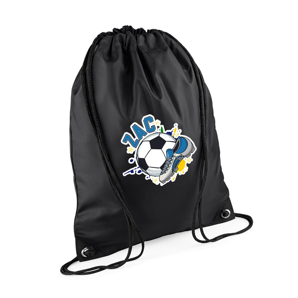 Personalised footballer Bag Gift, Best Football Player Gift, Football Game Gift, Drawstring Bag, PE Gym Kit Swimming, Sport Rucksack. (Black)