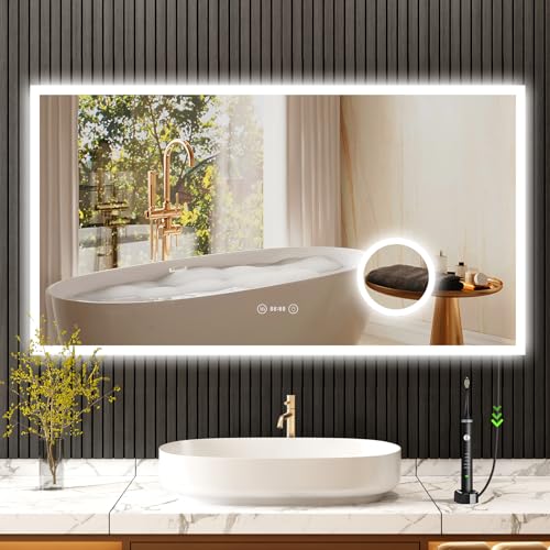 YOLEO Specchio Bagno 100x60 cm con Orologio, Display Temperatura, Lente d'Ingrandimento 3X, Presa, Specchio Bagno con Luce 3 Colori, Interruttore Touch, Antiappannamento, Vetro Antideflagrante