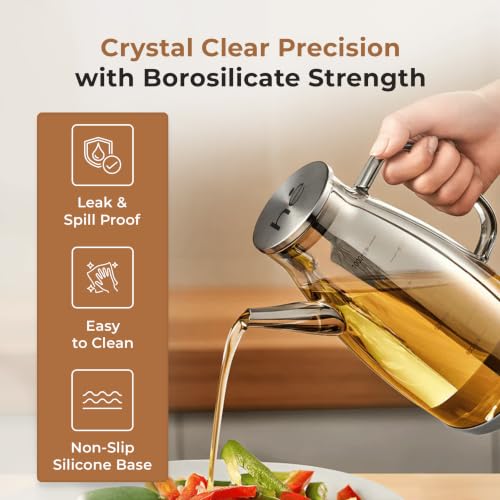 Image of HomeEssentials Glass Oil Dispenser Bottle with Measurement Markings | Auto Flip Lid Cruet with Non-Slip Handle | Leakproof & Drip-Free Oil and Vinegar Pourer for Kitchen Cooking