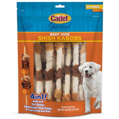 Cadet Gourmet X-Large Triple-Flavored Beef Hide Shish Kabob Dog Treats - Healthy & Natural Chicken Liver and Sweet Potato Dog Treats for Dogs Over 30 Lbs. 10 in. (15 Count)