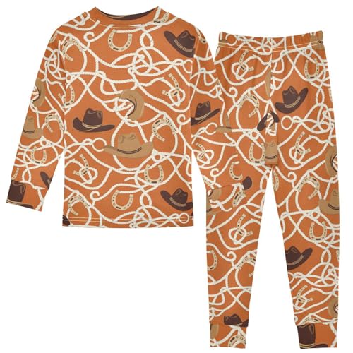 Pajama Sets Long Sleeve Cowboy Hats Ropes Horseshoes Soft Comfy Sleepwear 2 Piece PJS 3-8T3
