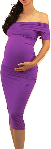 Miniatura 3 de Vivicastle Vestido ajustado de maternidad con hombros descubiertos y volantes para mujer, longitud hasta la rodilla, de EE. UU
