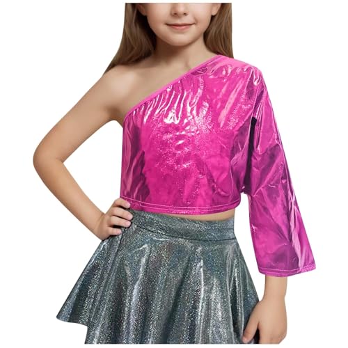 Girls One Shoulder Metallic Shirts Party Glitter Sparkly Crop Tops Long Sleeve Blouse for Dancing 3-16 Years