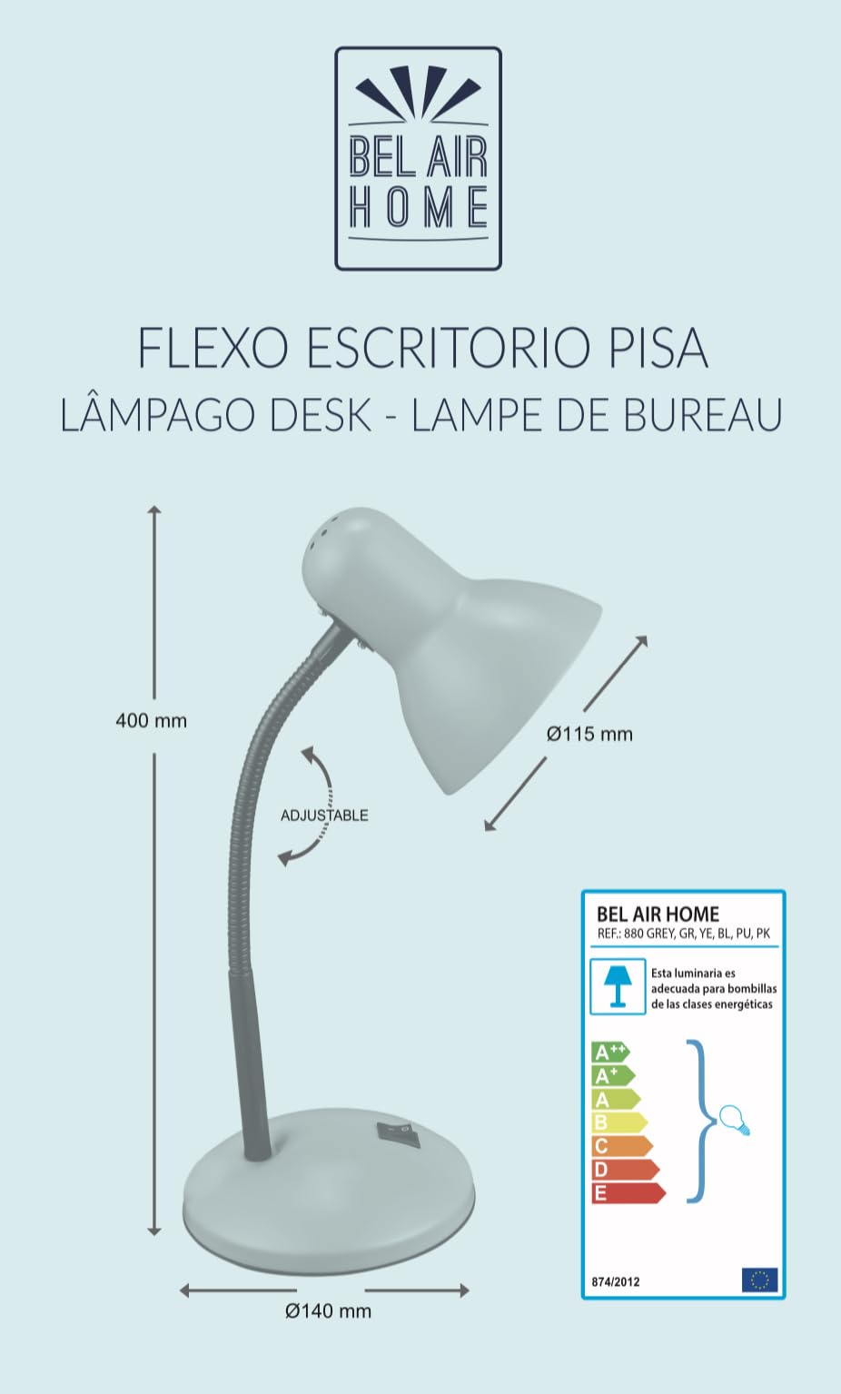 BEL AIR HOME - Lampada da Scrivania PISA in Metallo con Portalampada E-27 (LAMPADINA NON INCLUSA) per Illuminare il Tuo Spazio di Lavoro - Ideale per Scrivanie, Tavoli e Uffici (BLU)