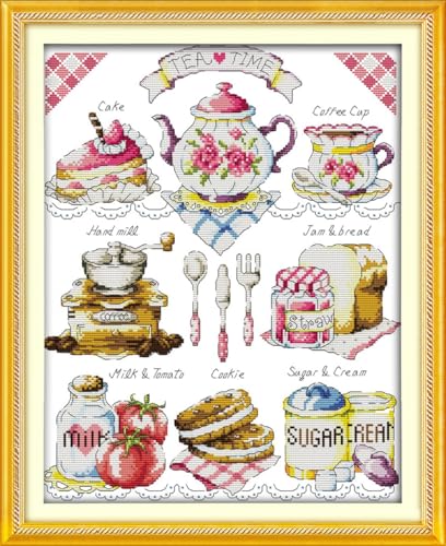 Image of Rosyfoxes Cross Stitch Kits Stamped Full Range of Embroidery Starter Kits for Beginners DIY 11CT 3 Strands - Printed kit Tea Time (2)(Printed) 18.1x22 inches