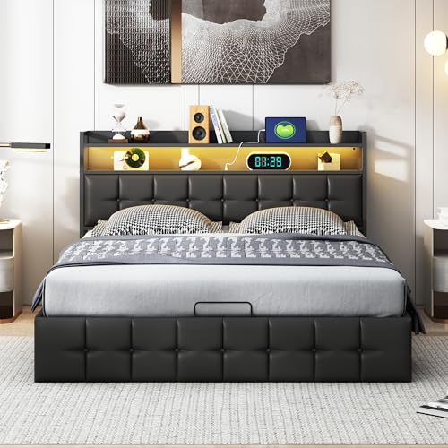 CDQL Cama doble con espacio de almacenamiento, cama moderna de 140 x 200 cm, piel con iluminación LED, cama con almacenamiento neumático y enchufes para mesita de noche, luz de noche controlada por